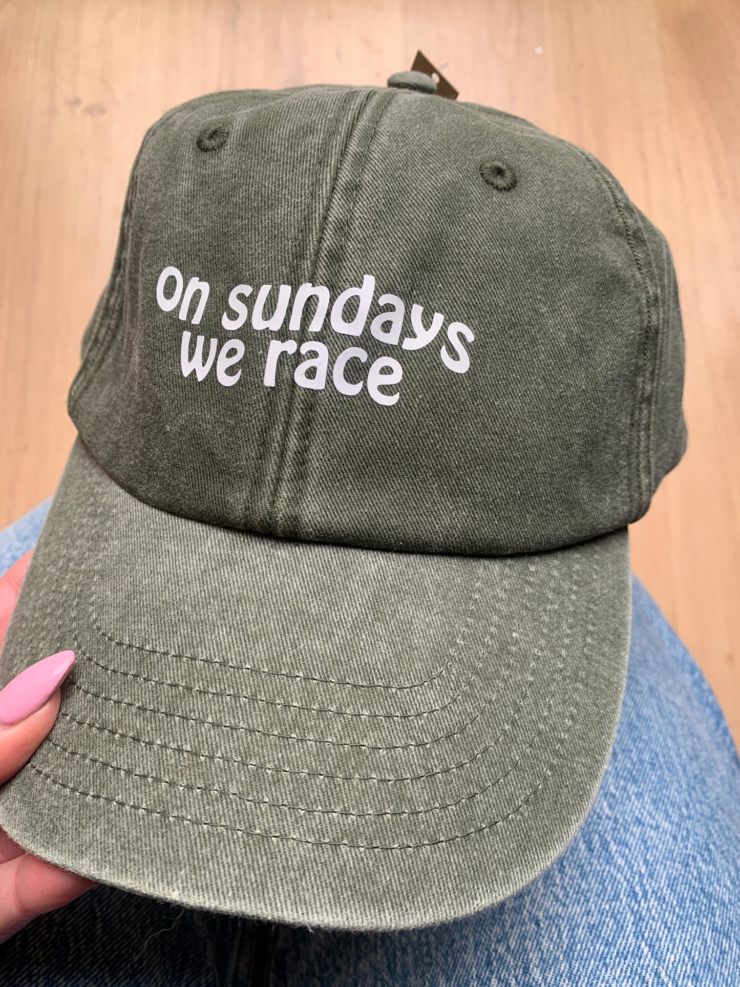 Second - Khaki Vintage Washed Hat 'on Sundays we race'